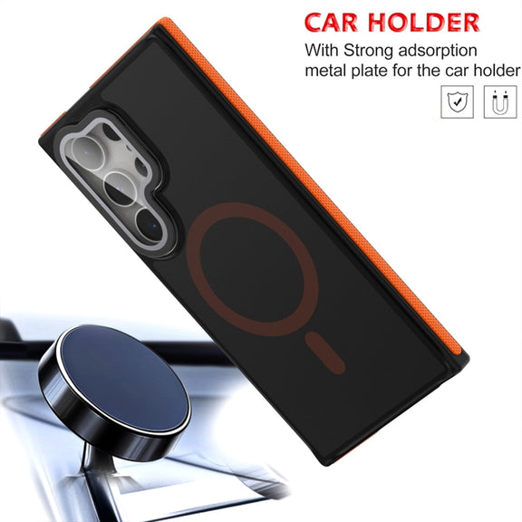 For Samsung Galaxy S24 Ultra 5G Magsafe Dual-Color Skin Feel Lens Film Phone Case with Lens Fold Holder(Blue)