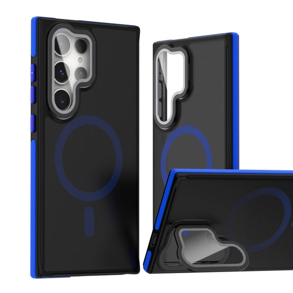 For Samsung Galaxy S24 Ultra 5G Magsafe Dual-Color Skin Feel Lens Film Phone Case with Lens Fold Holder(Blue)