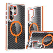 For Samsung Galaxy S24 Ultra 5G Magsafe Dual-Color Carbon Fiber Lens Film Phone Case with Lens Fold Holder(Orange)