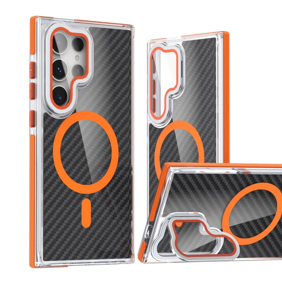 For Samsung Galaxy S24 Ultra 5G Magsafe Dual-Color Carbon Fiber Lens Film Phone Case with Lens Fold Holder(Orange)