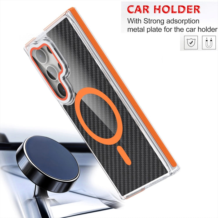 For Samsung Galaxy S24 Ultra 5G Magsafe Dual-Color Carbon Fiber Lens Film Phone Case with Lens Fold Holder(Black)