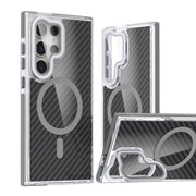 For Samsung Galaxy S24 Ultra 5G Magsafe Dual-Color Carbon Fiber Lens Film Phone Case with Lens Fold Holder(Gray)