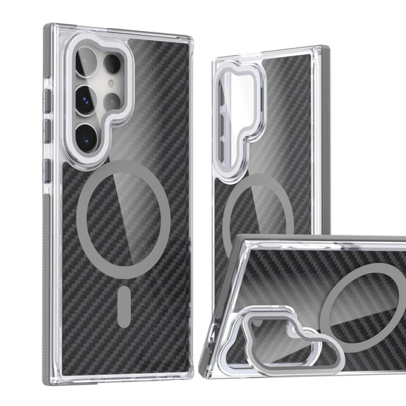 For Samsung Galaxy S24 Ultra 5G Magsafe Dual-Color Carbon Fiber Lens Film Phone Case with Lens Fold Holder(Gray)