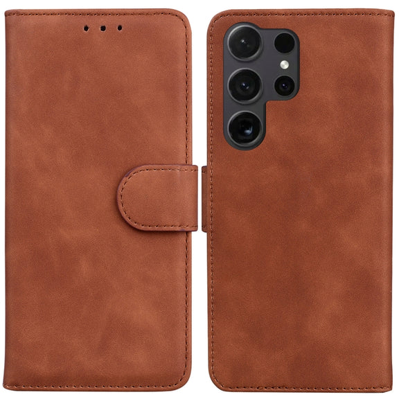 For Samsung Galaxy S25 Ultra 5G Skin Feel Pure Color Flip Leather Phone Case(Brown)