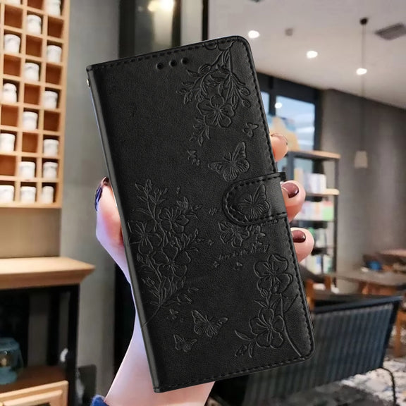 For Motorola Edge 2024 Butterflies and Flowers Leather Phone Case(Black)