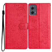 For Motorola Edge 2024 Butterflies and Flowers Leather Phone Case(Red)