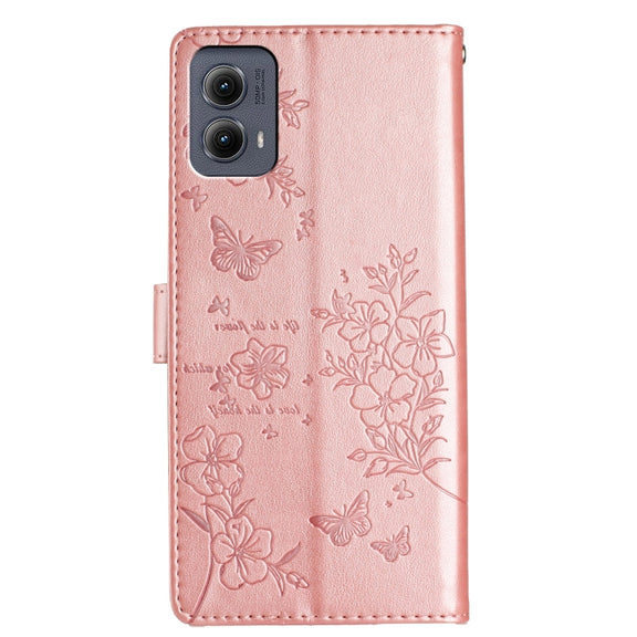 For Motorola Edge 2024 Butterflies and Flowers Leather Phone Case(Rose Gold)