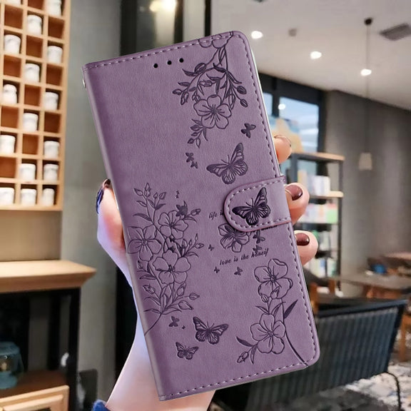 For Motorola Edge 2024 Butterflies and Flowers Leather Phone Case(Purple)
