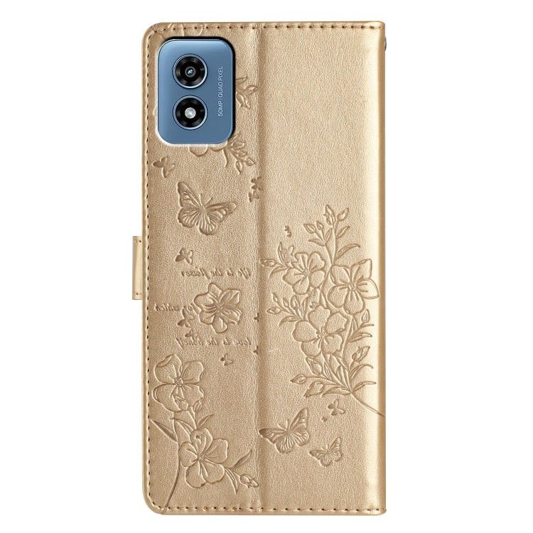 For Motorola Moto G Play 5G 2024 Butterflies and Flowers Leather Phone Case(Gold)