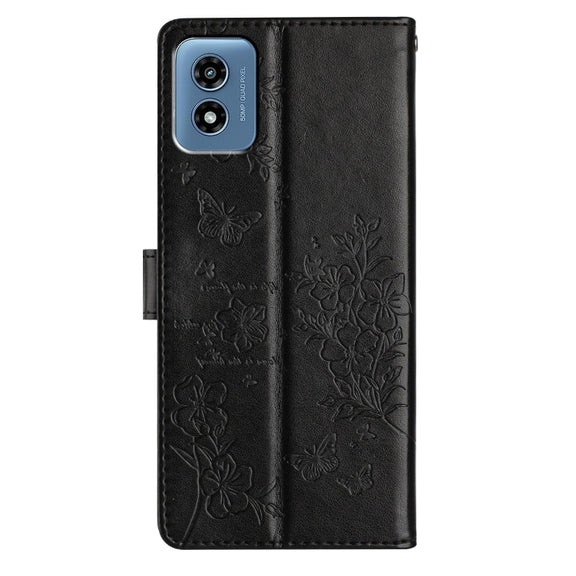 For Motorola Moto G Play 5G 2024 Butterflies and Flowers Leather Phone Case(Black)