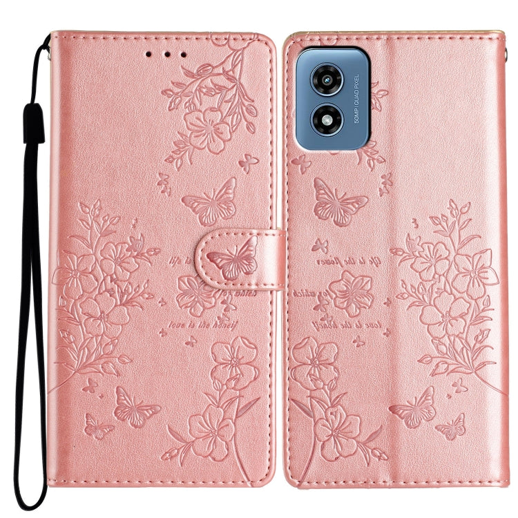 For Motorola Moto G Play 5G 2024 Butterflies and Flowers Leather Phone Case(Rose Gold) - Motorola Cases by PMC Jewellery | Online Shopping South Africa | PMC Jewellery | Buy Now Pay Later Mobicred