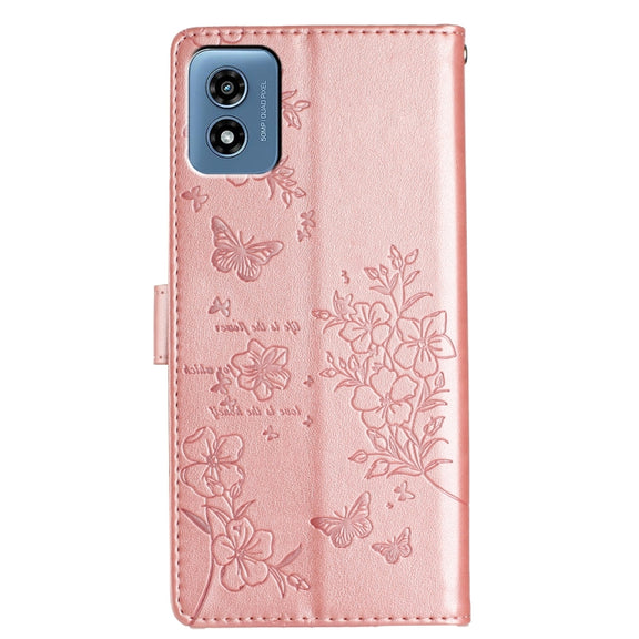For Motorola Moto G Play 5G 2024 Butterflies and Flowers Leather Phone Case(Rose Gold)