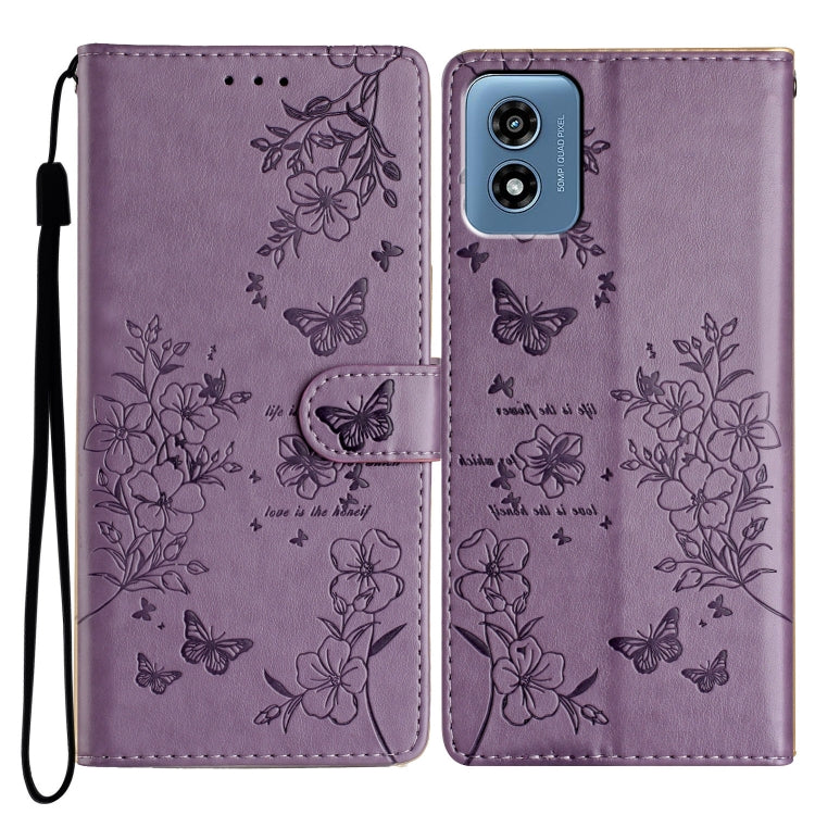 For Motorola Moto G Play 5G 2024 Butterflies and Flowers Leather Phone Case(Purple) - Motorola Cases by PMC Jewellery | Online Shopping South Africa | PMC Jewellery | Buy Now Pay Later Mobicred