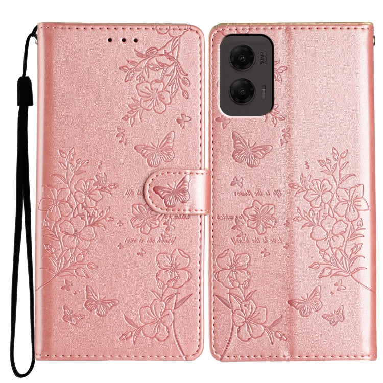 For Motorola Moto G Stylus 5G 2024 Butterflies and Flowers Leather Phone Case(Rose Gold) - Motorola Cases by PMC Jewellery | Online Shopping South Africa | PMC Jewellery | Buy Now Pay Later Mobicred