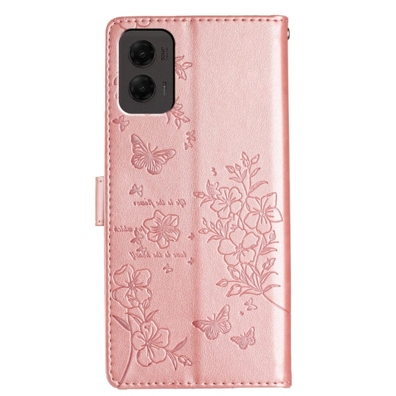 For Motorola Moto G Stylus 5G 2024 Butterflies and Flowers Leather Phone Case(Rose Gold)