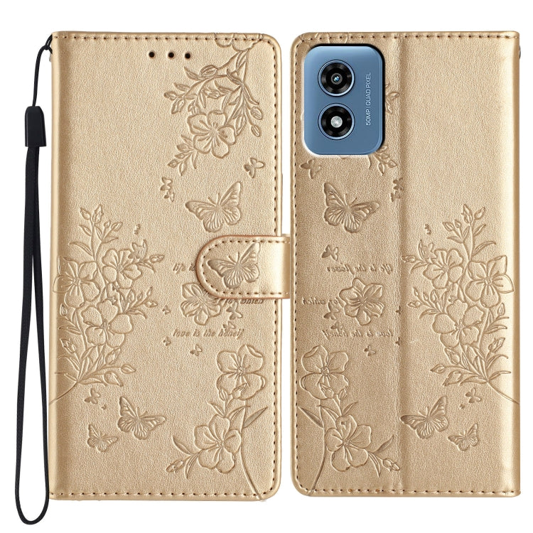 For Motorola Moto G Play 2024 Butterflies and Flowers Leather Phone Case(Gold) - Motorola Cases by PMC Jewellery | Online Shopping South Africa | PMC Jewellery | Buy Now Pay Later Mobicred