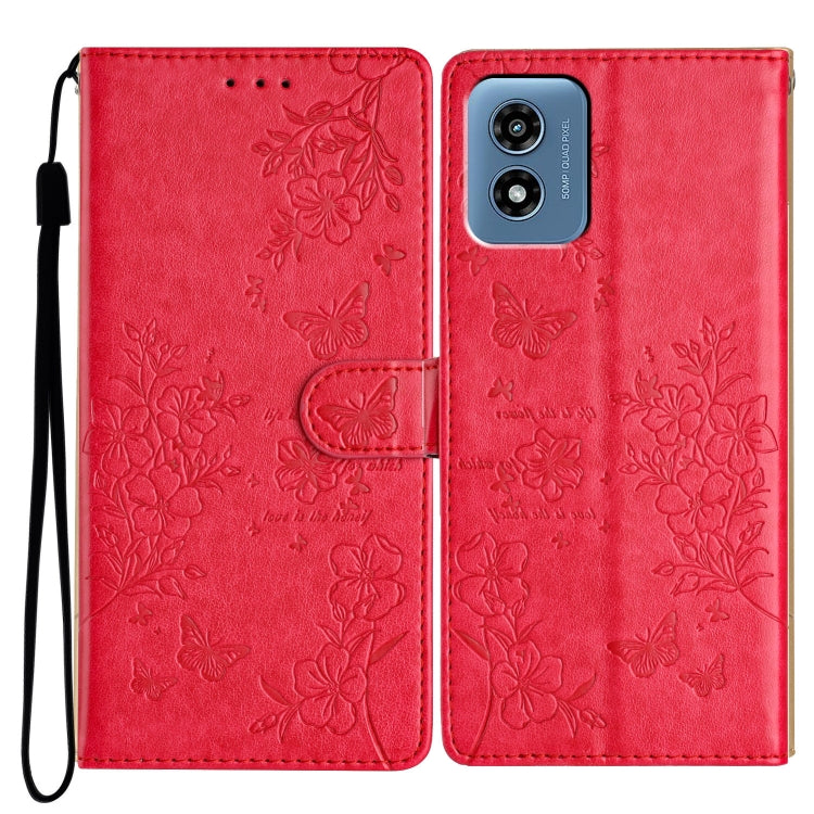 For Motorola Moto G Play 2024 Butterflies and Flowers Leather Phone Case(Red) - Motorola Cases by PMC Jewellery | Online Shopping South Africa | PMC Jewellery | Buy Now Pay Later Mobicred