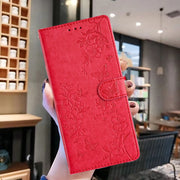 For Motorola Moto G Play 2024 Butterflies and Flowers Leather Phone Case(Red)