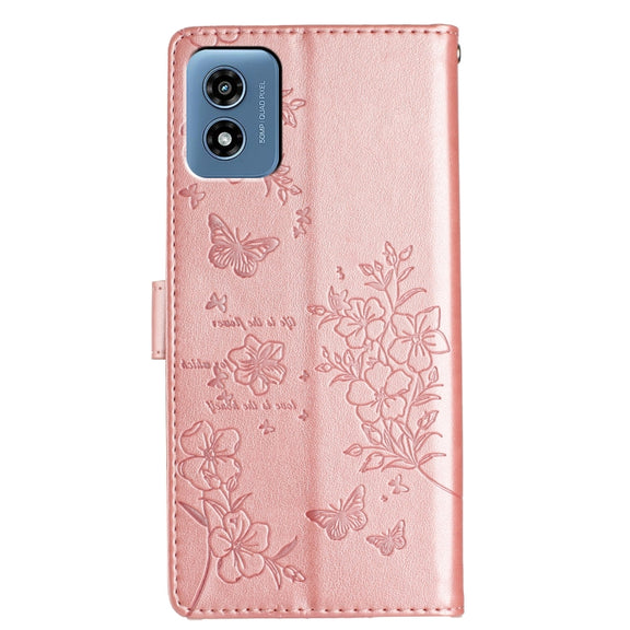 For Motorola Moto G Play 2024 Butterflies and Flowers Leather Phone Case(Rose Gold)