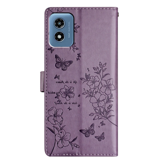 For Motorola Moto G Play 2024 Butterflies and Flowers Leather Phone Case(Purple)