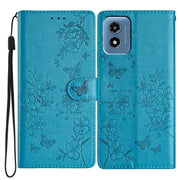 For Motorola Moto G Play 2024 Butterflies and Flowers Leather Phone Case(Blue)