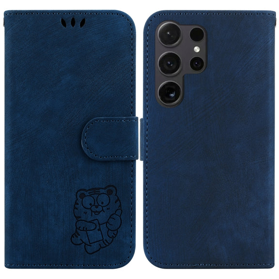 For Samsung Galaxy S25 Ultra 5G Little Tiger Embossed Leather Phone Case(Dark Blue)