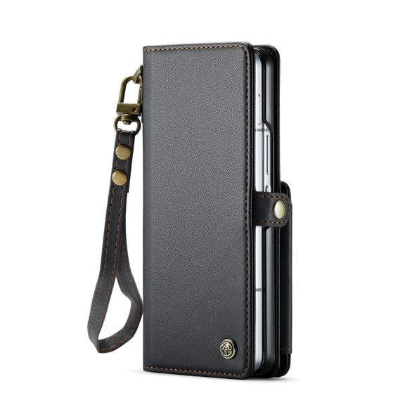 For Samsung Galaxy Z Fold6 5G CaseMe C22 PC+TPU Business Style RFID Anti-theft Lanyard Leather Phone Case with Pen Slot(Black)