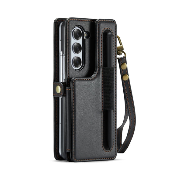For Samsung Galaxy Z Fold6 5G CaseMe C22 PC+TPU Business Style RFID Anti-theft Lanyard Leather Phone Case with Pen Slot(Black)
