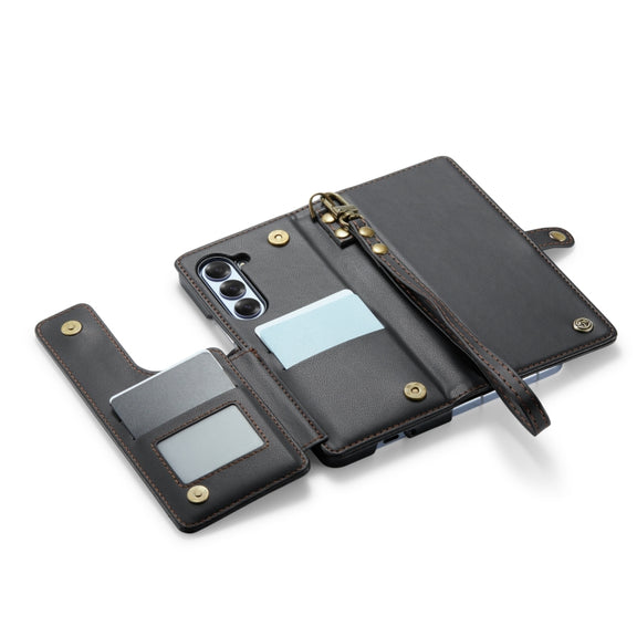 For Samsung Galaxy Z Fold6 5G CaseMe C22 PC+TPU Business Style RFID Anti-theft Lanyard Leather Phone Case with Pen Slot(Black)