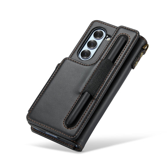 For Samsung Galaxy Z Fold6 5G CaseMe C22 PC+TPU Business Style RFID Anti-theft Lanyard Leather Phone Case with Pen Slot(Black)