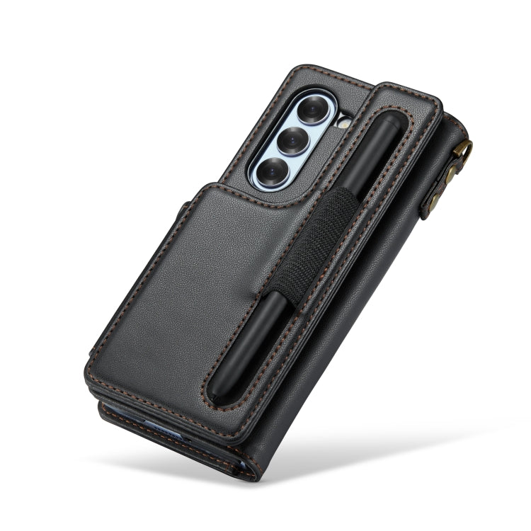 For Samsung Galaxy Z Fold6 5G CaseMe C22 PC+TPU Business Style RFID Anti-theft Lanyard Leather Phone Case with Pen Slot(Black)