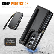 For Samsung Galaxy Z Fold6 5G CaseMe C22 PC+TPU Business Style RFID Anti-theft Lanyard Leather Phone Case with Pen Slot(Black)