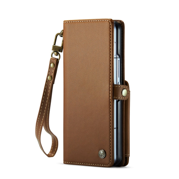 For Samsung Galaxy Z Fold6 5G CaseMe C22 PC+TPU Business Style RFID Anti-theft Lanyard Leather Phone Case with Pen Slot(Brown)