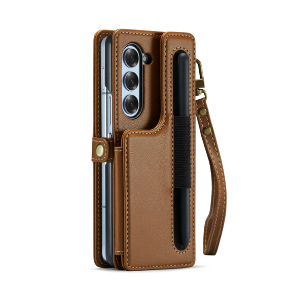 For Samsung Galaxy Z Fold6 5G CaseMe C22 PC+TPU Business Style RFID Anti-theft Lanyard Leather Phone Case with Pen Slot(Brown)