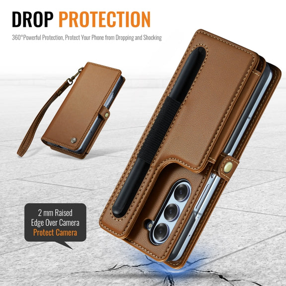 For Samsung Galaxy Z Fold6 5G CaseMe C22 PC+TPU Business Style RFID Anti-theft Lanyard Leather Phone Case with Pen Slot(Brown)