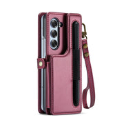For Samsung Galaxy Z Fold6 5G CaseMe C22 PC+TPU Business Style RFID Anti-theft Lanyard Leather Phone Case with Pen Slot(Wine Red)