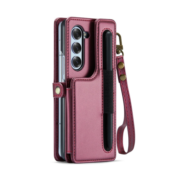 For Samsung Galaxy Z Fold6 5G CaseMe C22 PC+TPU Business Style RFID Anti-theft Lanyard Leather Phone Case with Pen Slot(Wine Red)