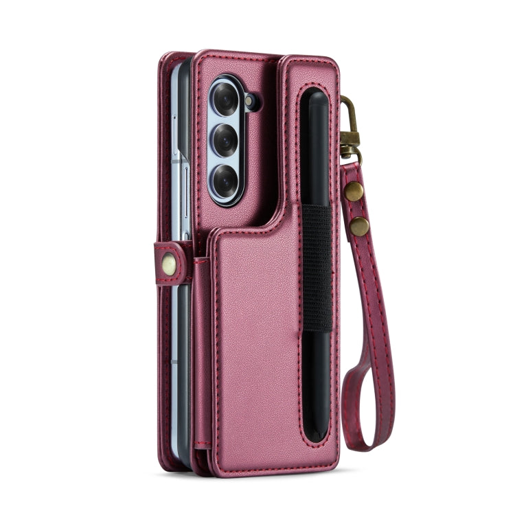 For Samsung Galaxy Z Fold6 5G CaseMe C22 PC+TPU Business Style RFID Anti-theft Lanyard Leather Phone Case with Pen Slot(Wine Red)