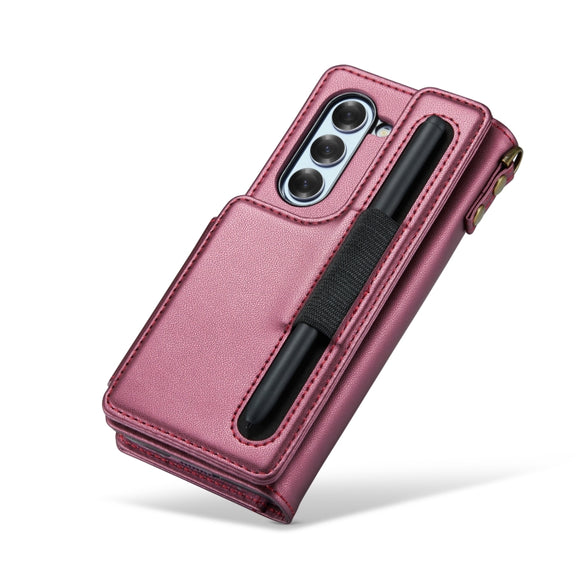 For Samsung Galaxy Z Fold6 5G CaseMe C22 PC+TPU Business Style RFID Anti-theft Lanyard Leather Phone Case with Pen Slot(Wine Red)