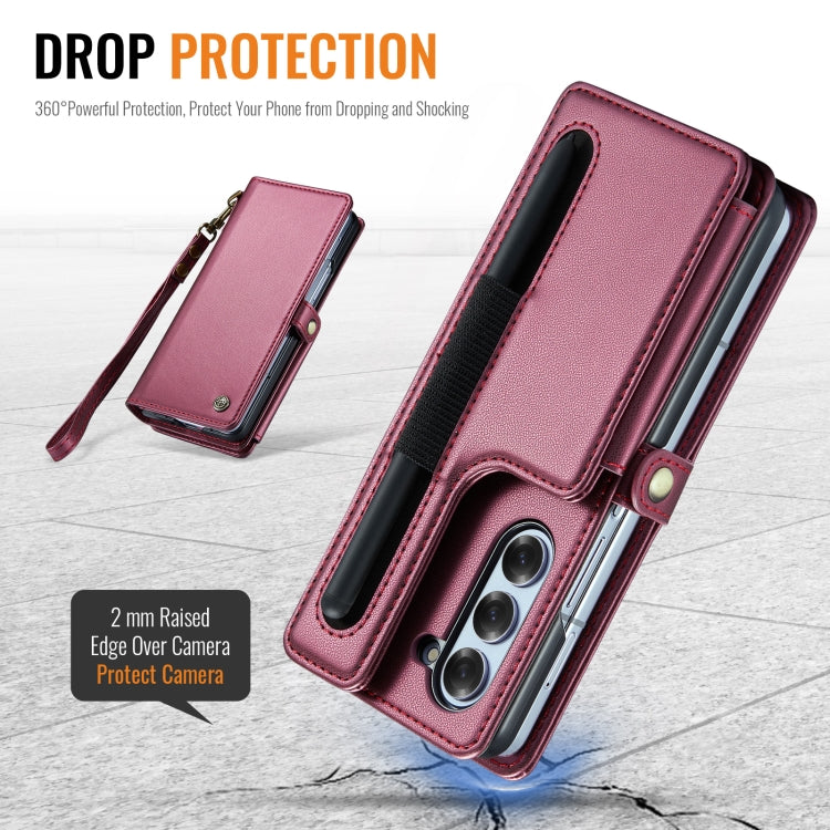 For Samsung Galaxy Z Fold6 5G CaseMe C22 PC+TPU Business Style RFID Anti-theft Lanyard Leather Phone Case with Pen Slot(Wine Red)