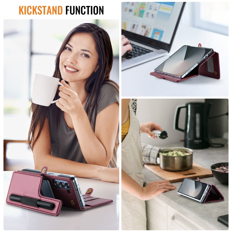 For Samsung Galaxy Z Fold6 5G CaseMe C22 PC+TPU Business Style RFID Anti-theft Lanyard Leather Phone Case with Pen Slot(Wine Red)