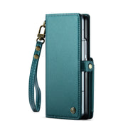 For Samsung Galaxy Z Fold6 5G CaseMe C22 PC+TPU Business Style RFID Anti-theft Lanyard Leather Phone Case with Pen Slot(Blue Green)