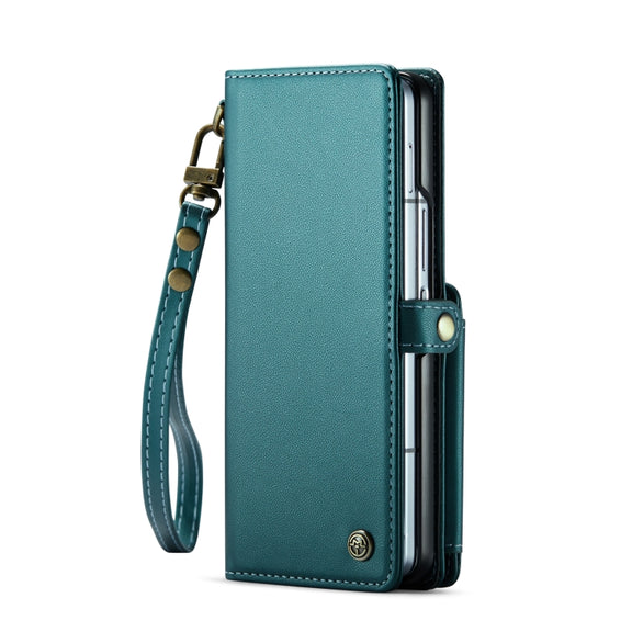 For Samsung Galaxy Z Fold6 5G CaseMe C22 PC+TPU Business Style RFID Anti-theft Lanyard Leather Phone Case with Pen Slot(Blue Green)