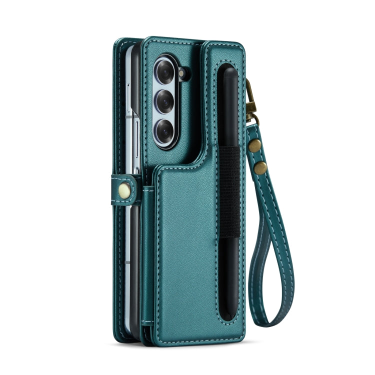 For Samsung Galaxy Z Fold6 5G CaseMe C22 PC+TPU Business Style RFID Anti-theft Lanyard Leather Phone Case with Pen Slot(Blue Green)