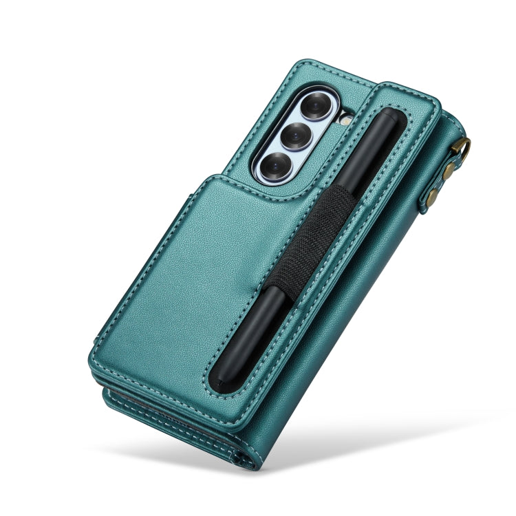 For Samsung Galaxy Z Fold6 5G CaseMe C22 PC+TPU Business Style RFID Anti-theft Lanyard Leather Phone Case with Pen Slot(Blue Green)