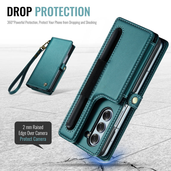 For Samsung Galaxy Z Fold6 5G CaseMe C22 PC+TPU Business Style RFID Anti-theft Lanyard Leather Phone Case with Pen Slot(Blue Green)