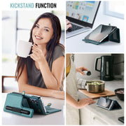 For Samsung Galaxy Z Fold6 5G CaseMe C22 PC+TPU Business Style RFID Anti-theft Lanyard Leather Phone Case with Pen Slot(Blue Green)