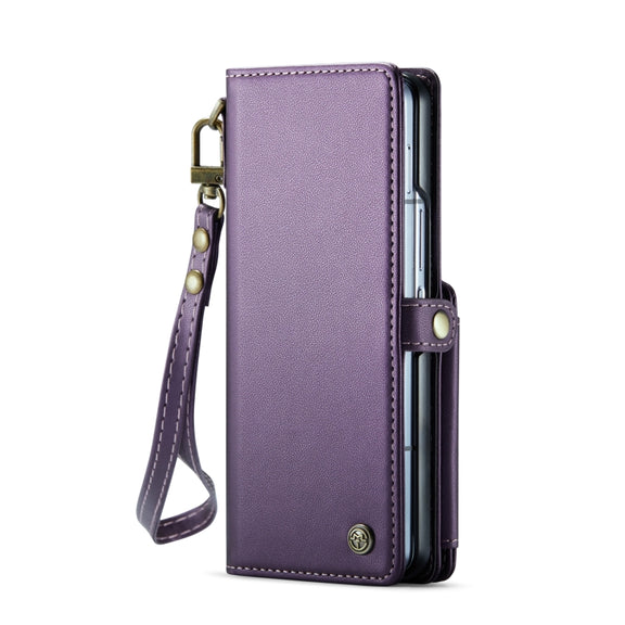 For Samsung Galaxy Z Fold6 5G CaseMe C22 PC+TPU Business Style RFID Anti-theft Lanyard Leather Phone Case with Pen Slot(Purple)