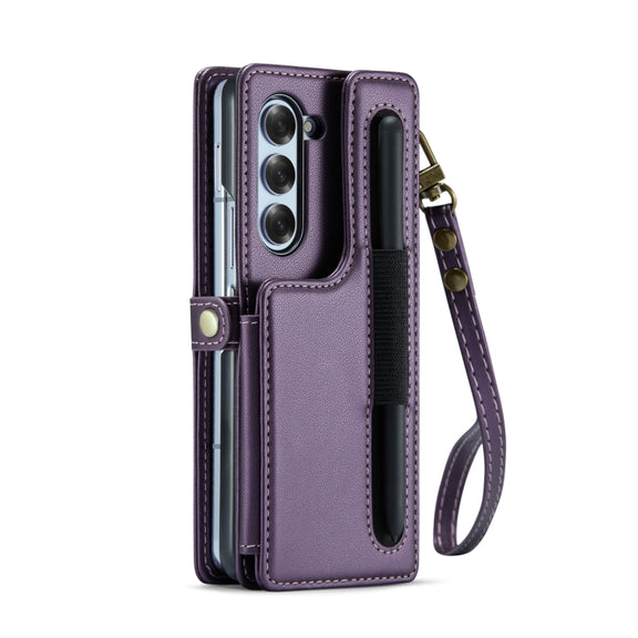 For Samsung Galaxy Z Fold6 5G CaseMe C22 PC+TPU Business Style RFID Anti-theft Lanyard Leather Phone Case with Pen Slot(Purple)
