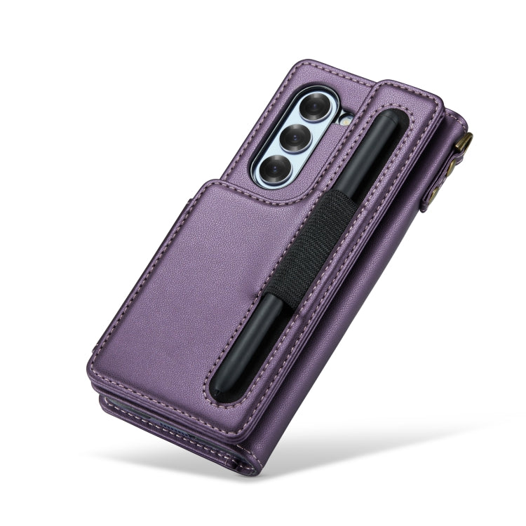 For Samsung Galaxy Z Fold6 5G CaseMe C22 PC+TPU Business Style RFID Anti-theft Lanyard Leather Phone Case with Pen Slot(Purple)